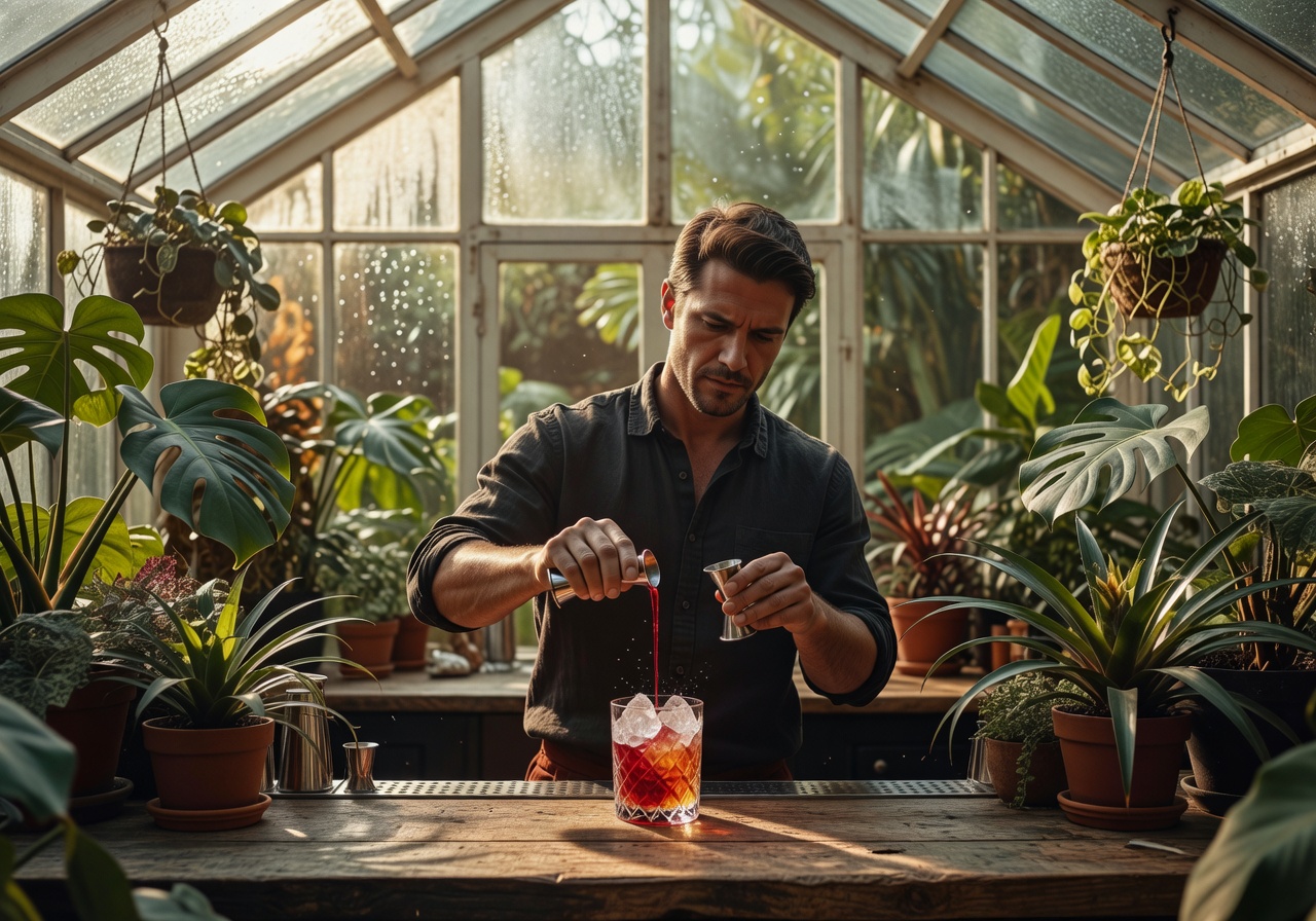Bartender making a cocktail in a glasshouse setting