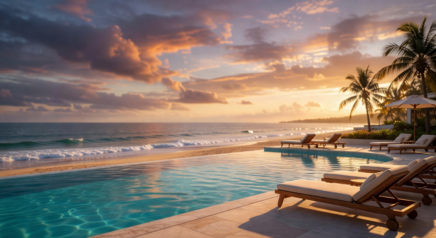 Cinematic view of a coastal resort pool and ocean