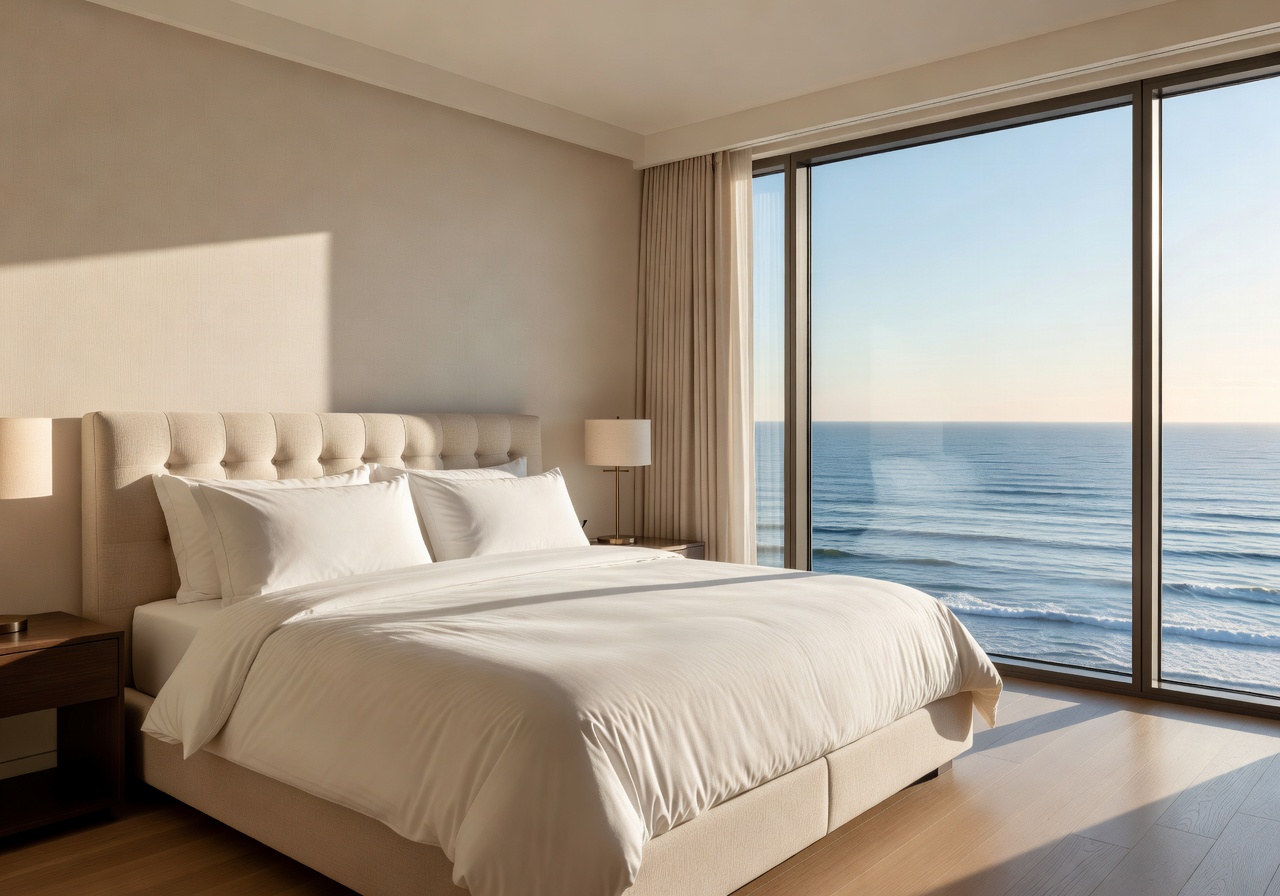 Ocean View Suite interior showing bed and large window