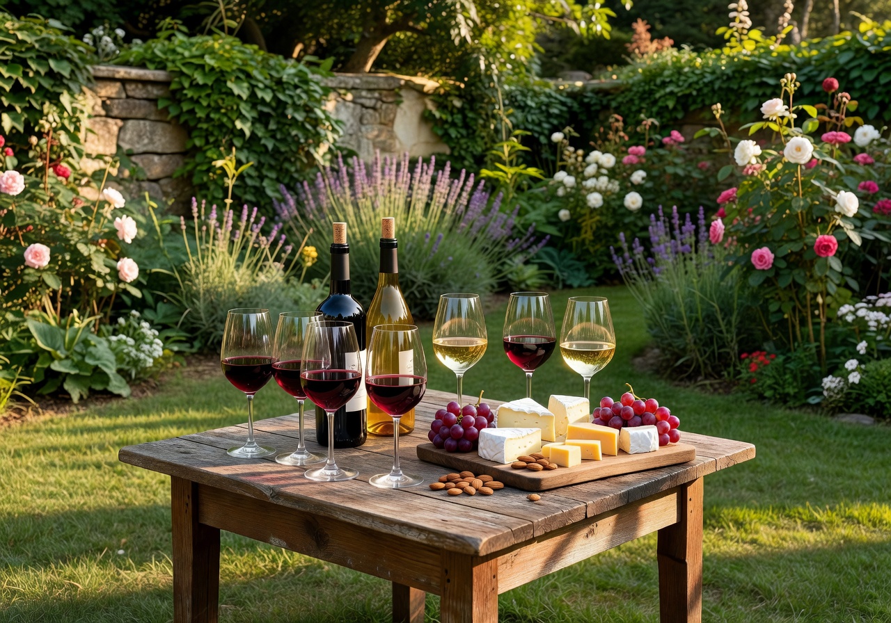 Wine tasting setup in a garden